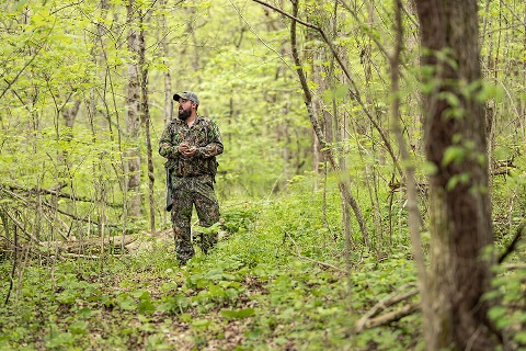 Man in camo using a turkey call in green wooded land.